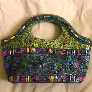 Olive green purse with beads sequins small handbag